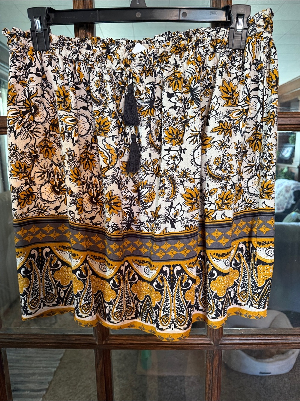 Garnet Hill Mustard Yellow Paisley Floral Viscose Smocked Waist Skirt L Pockets